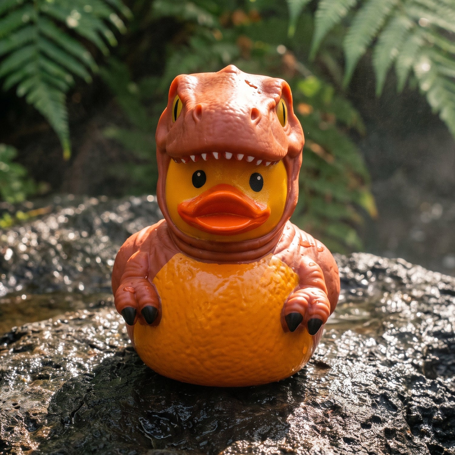 A Jurassic Ducks rubber duck on wet rock among green ferns