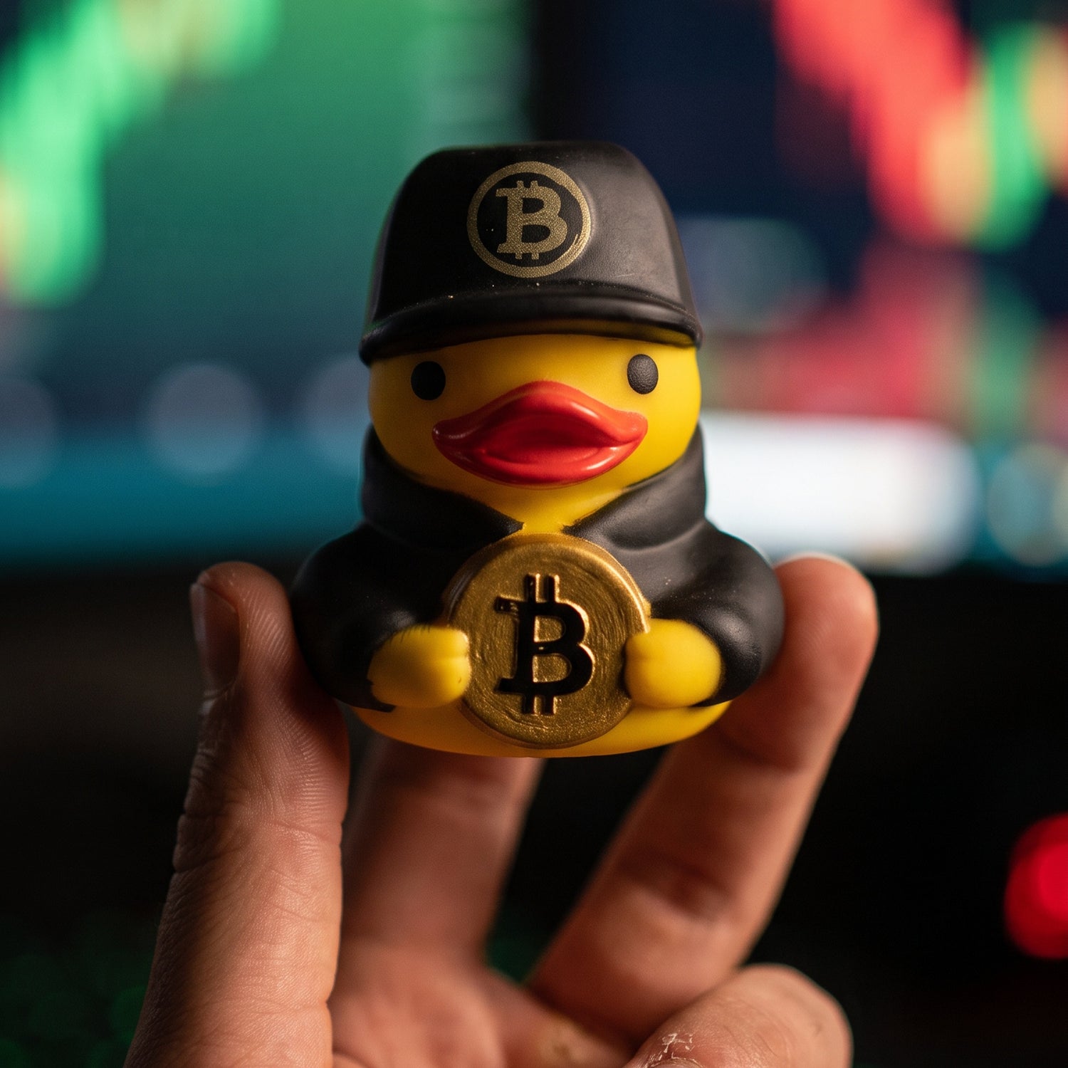 A hand holding one 9 cm Crypto Ducks collectible rubber duck, showing its size
