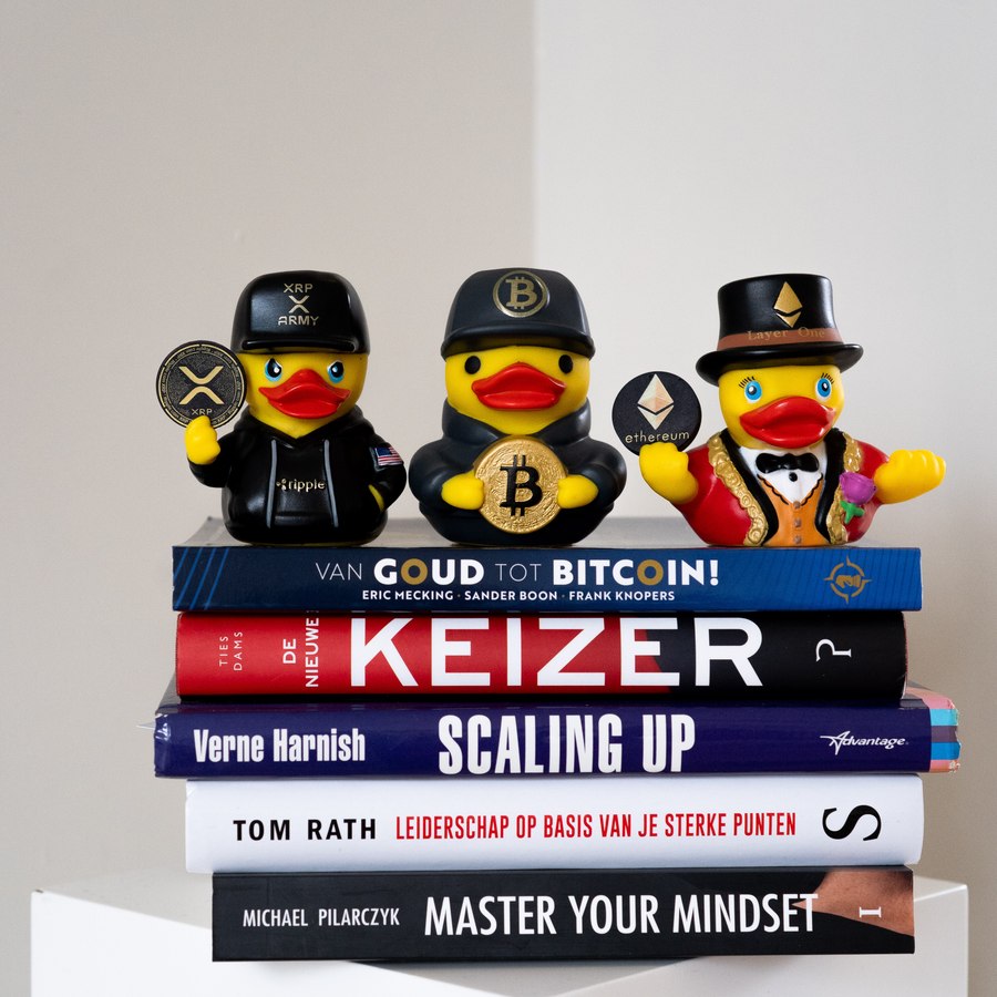 Crypto Ducks in suits and caps on a stack of books