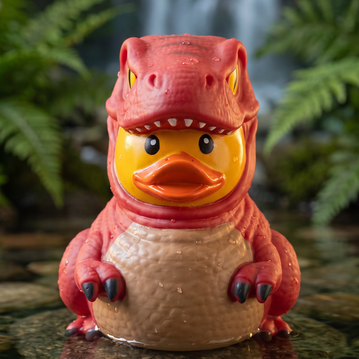 One Jurassic Ducks rubber duck floating in water below a waterfall